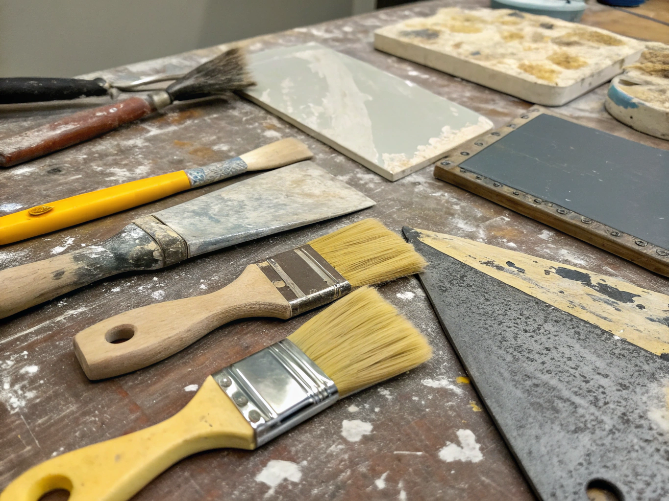 Acrylic palette knives mixed with warm earth pigments on a glass mixing palette