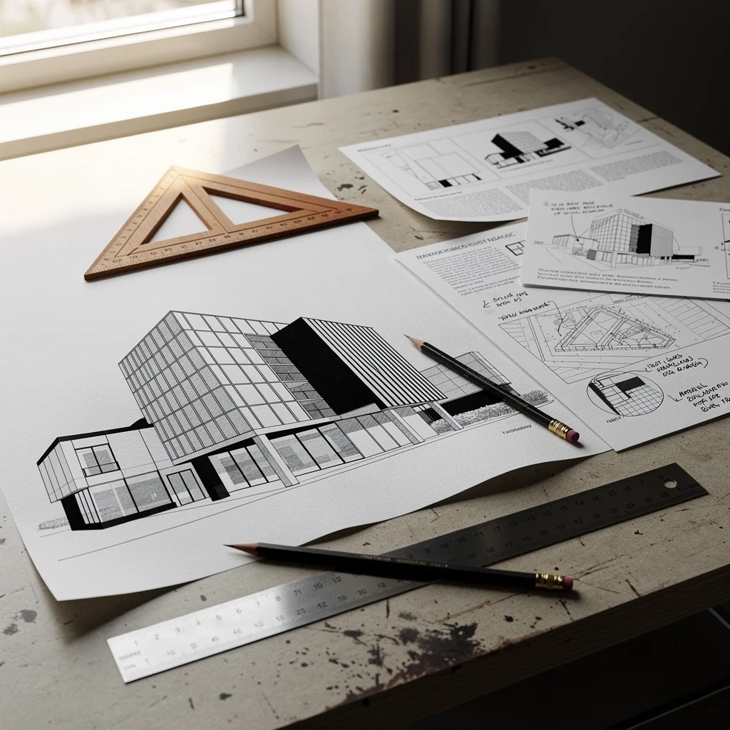 Crisp architectural ink lines on smooth heavy bristol board alongside dip pens