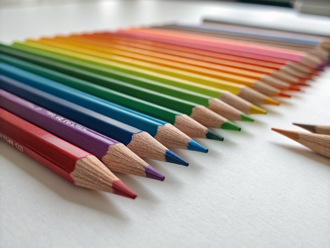 Sharpened wax-based colored pencils arranged beside a blending pencil and study sheet