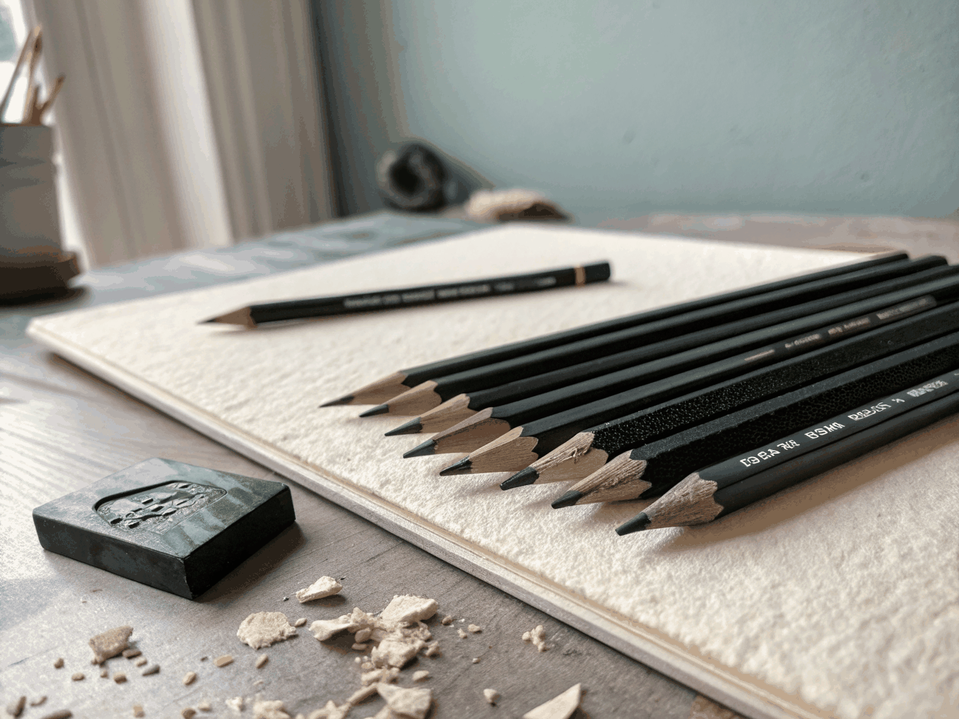 Graphite pencils of varying grades beside blending stumps and eraser on drafting paper