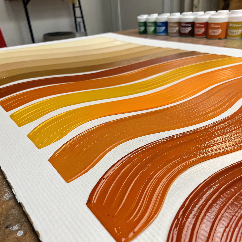 Ribbons of heavy body acrylic paint squeezed on raw wooden palette surface