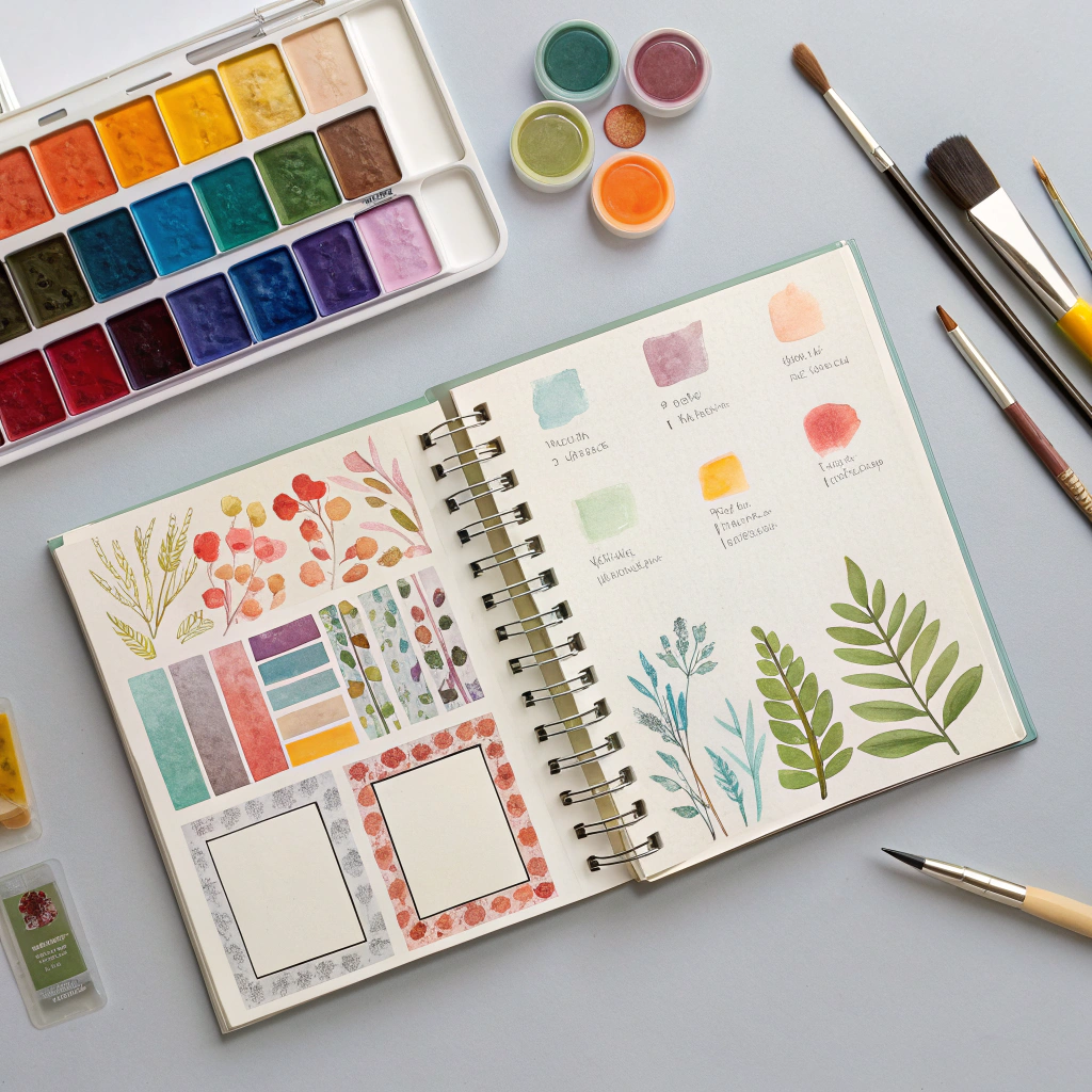 Open hardbound art journal displaying mixed media gouache and pigment study