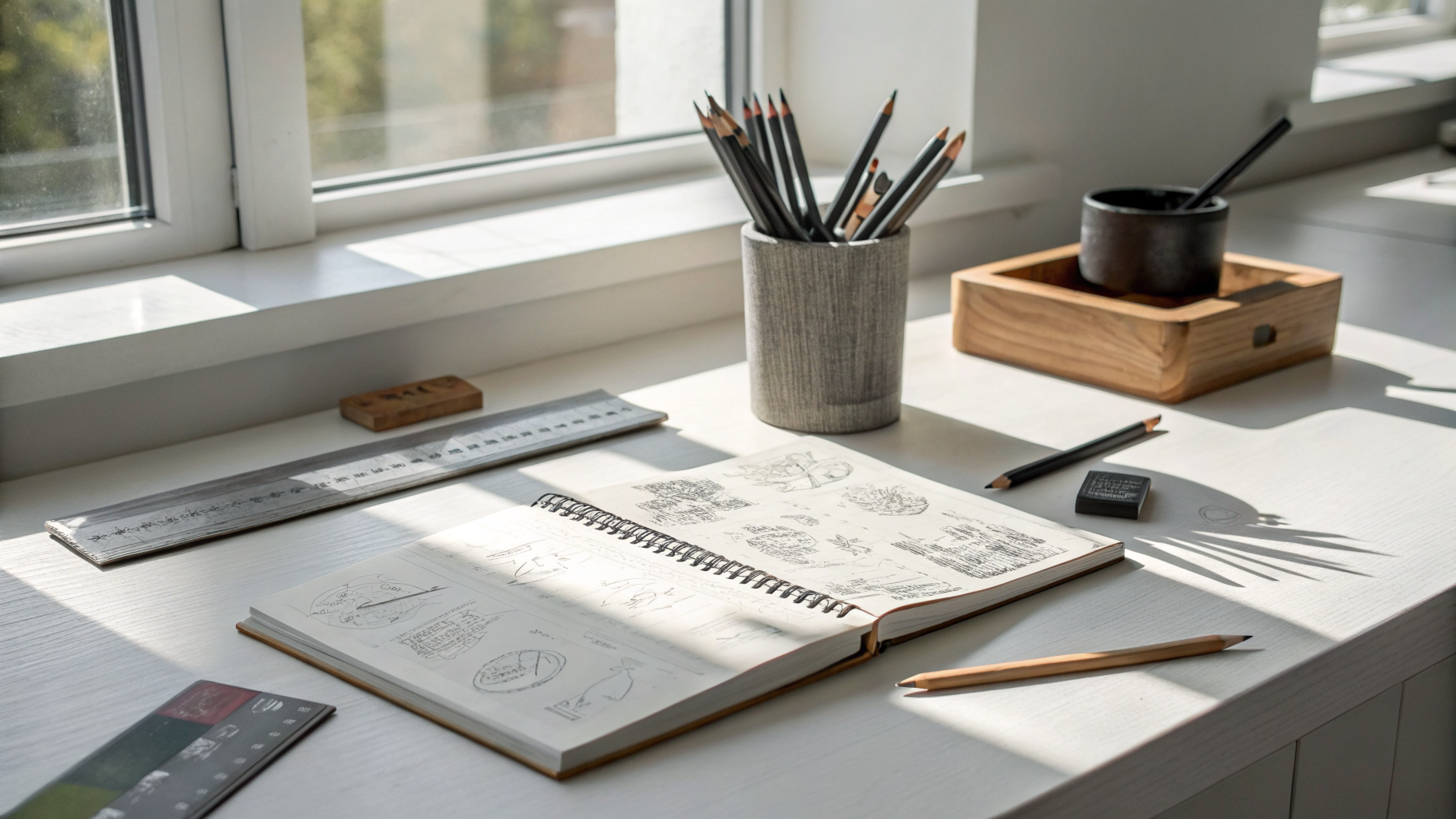 Side-by-side comparison of art supplies on wooden bench