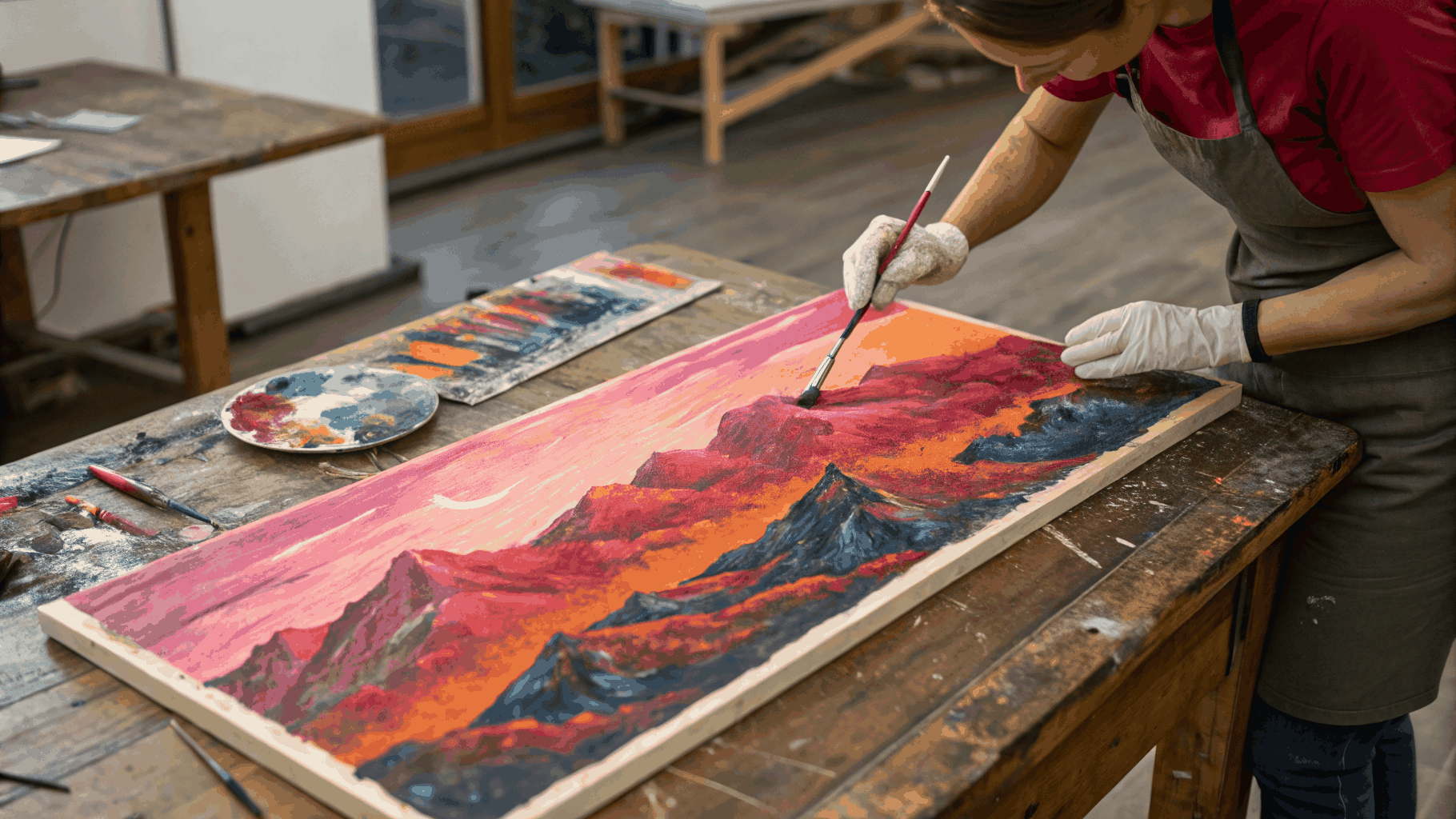Side-by-side comparison of art supplies on wooden bench