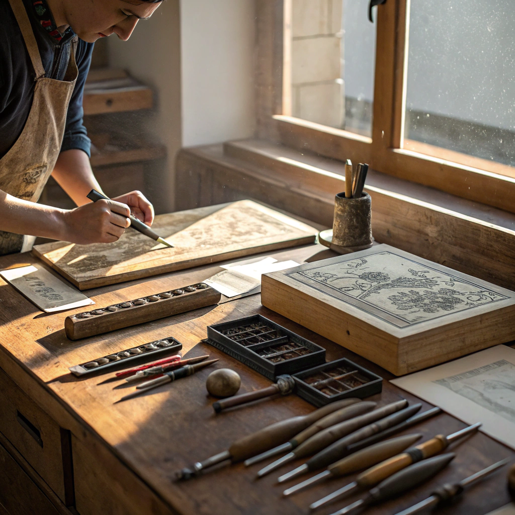 Traditional bamboo baren resting on a freshly pressed relief print on studio bench