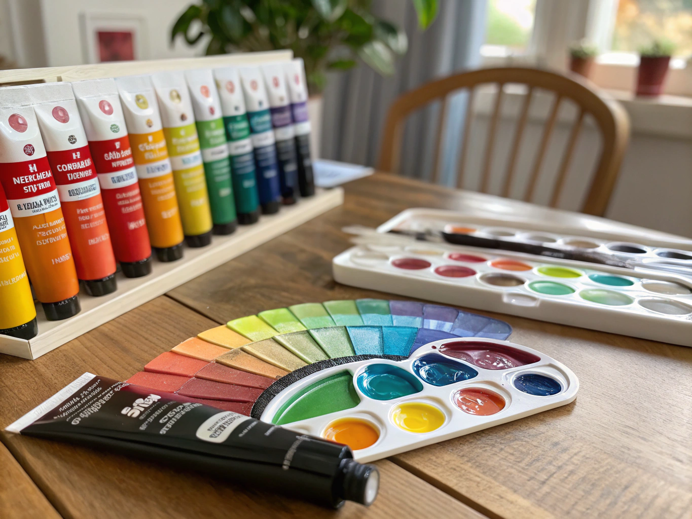 Heavy body acrylic paint swatches and palette knife on wooden board