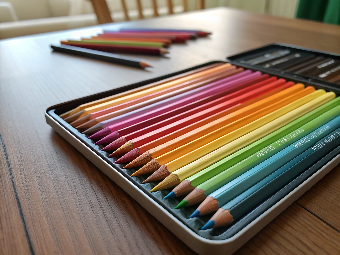 Artist quality oil-based colored pencils arranged beside layered color test
