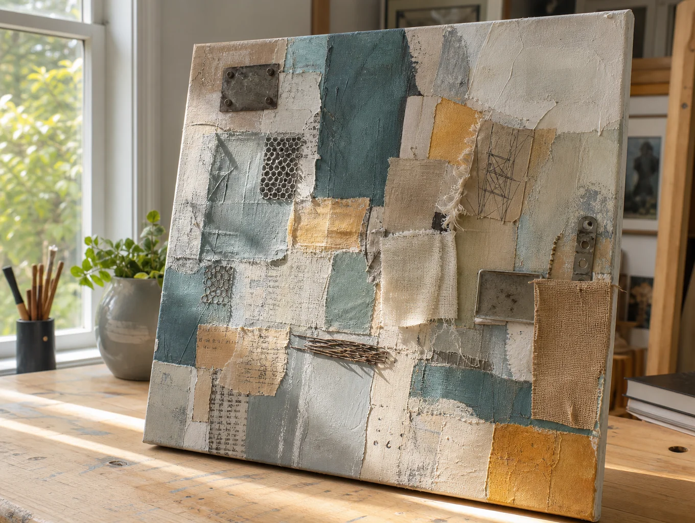 Mixed media collage with ink wash and paper textures
