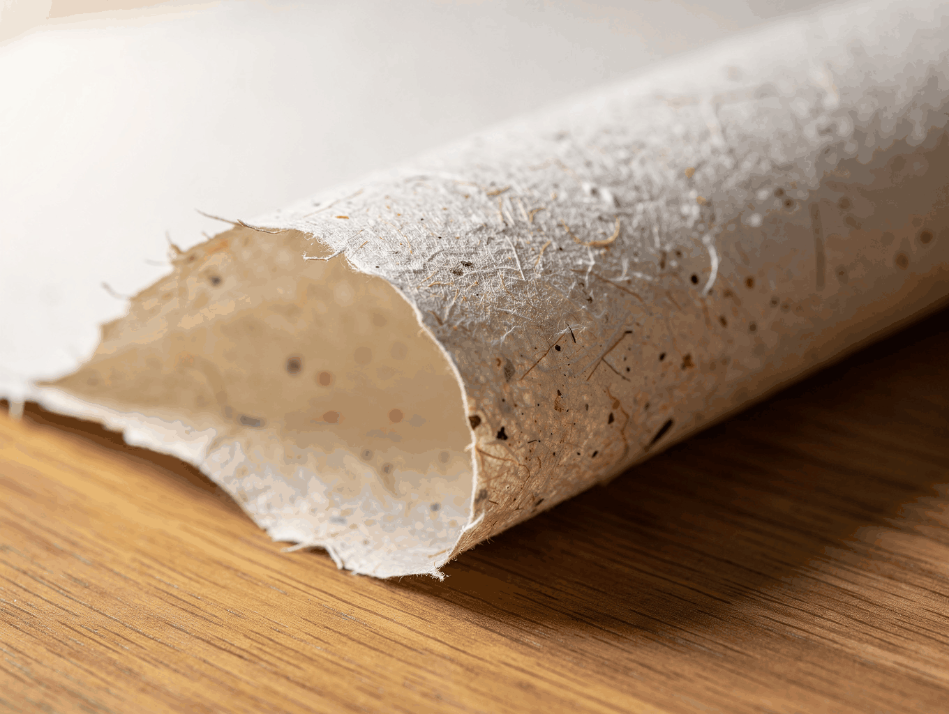 Stacked rag cotton paper sheets with deckled edges in studio window light