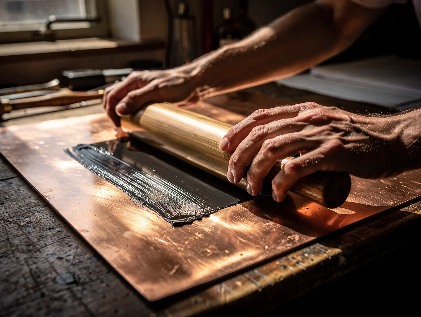 Carved linoleum block, brayer, and ink roller on workshop table
