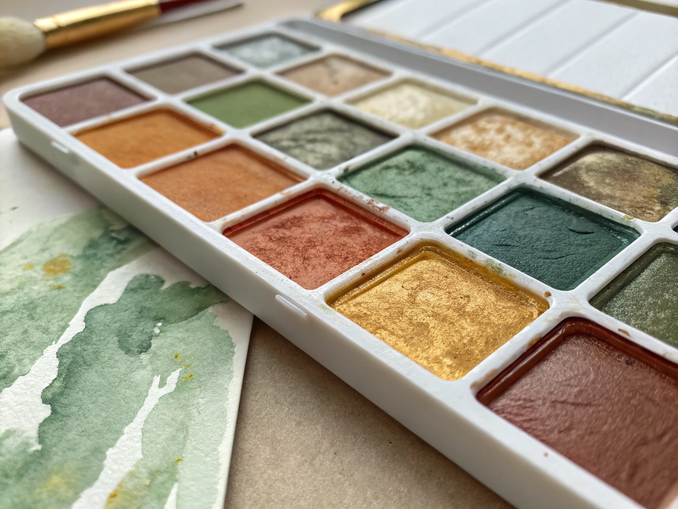 Watercolor wash and pigment mixing palette on studio desk