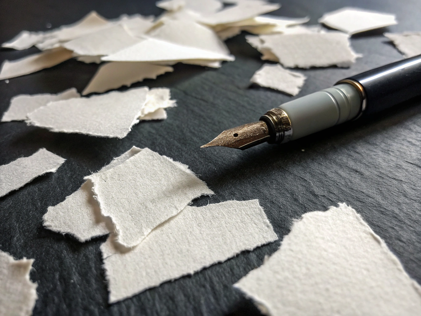 Torn collage papers, matte medium, and archival ink pens arranged on a studio cutting mat