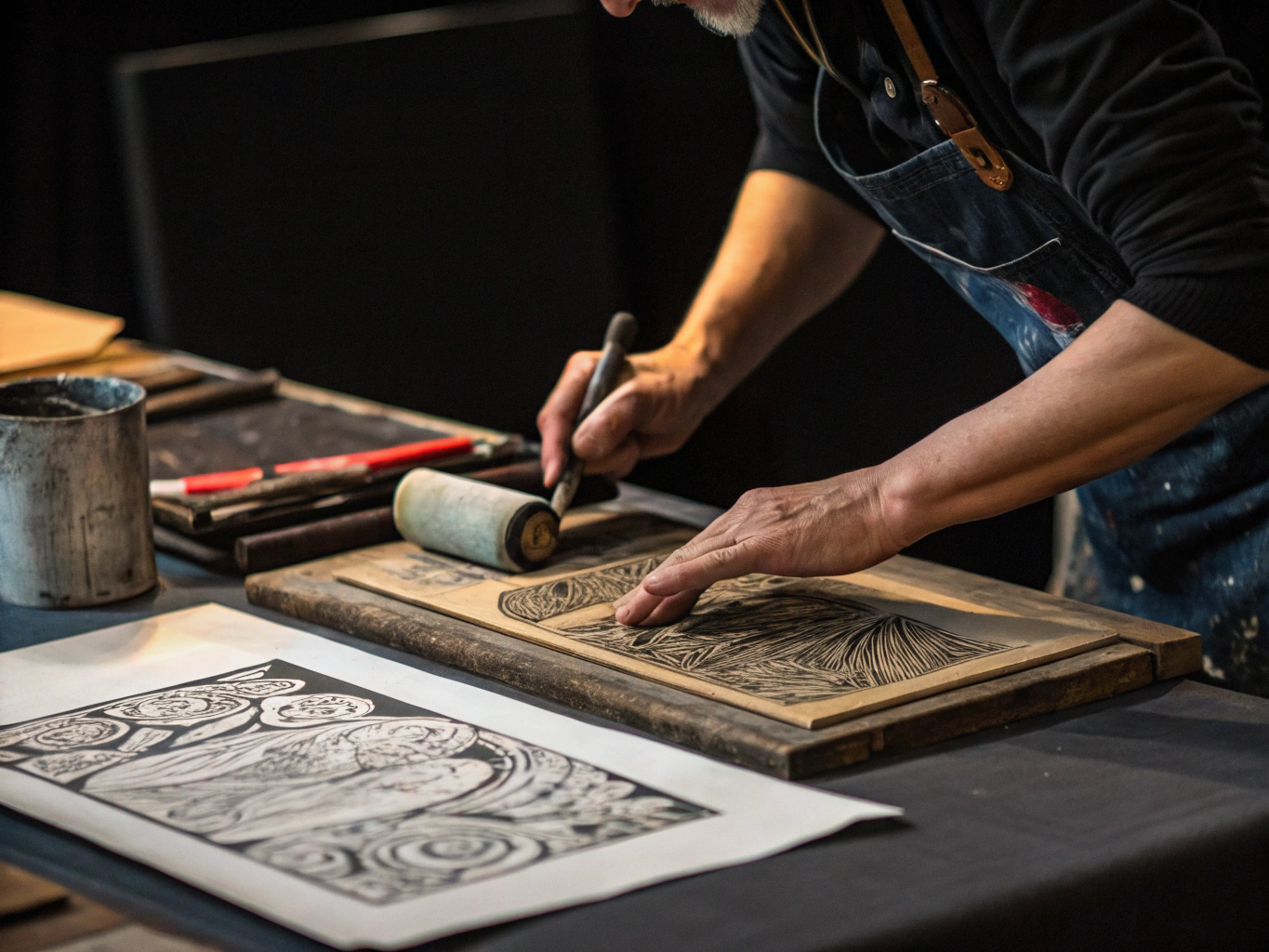 Lino cutter carving grey linoleum block on a wooden bench hook with oil-based ink