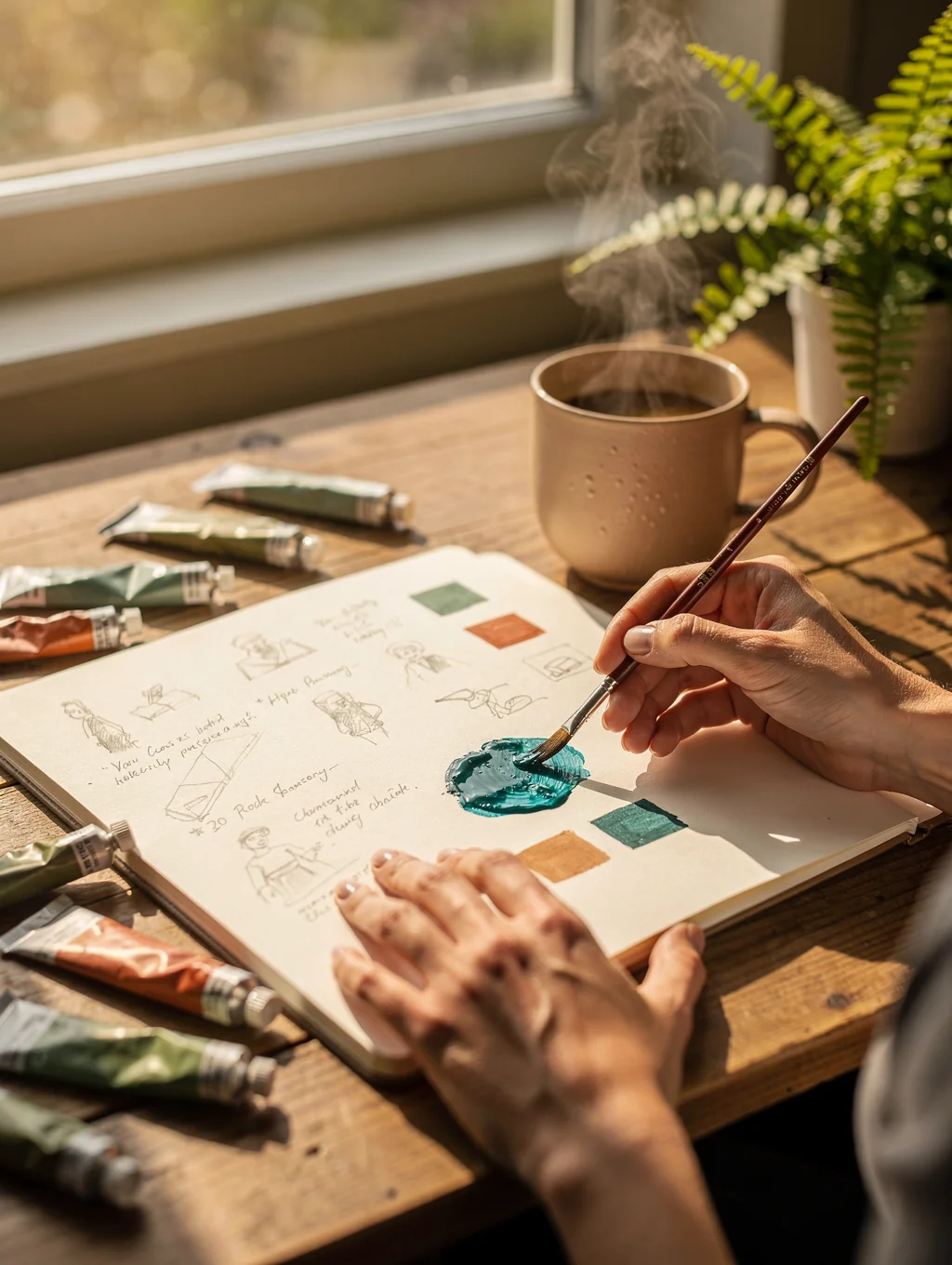 Real artist worktable in natural morning light with brushes, papers, and paints