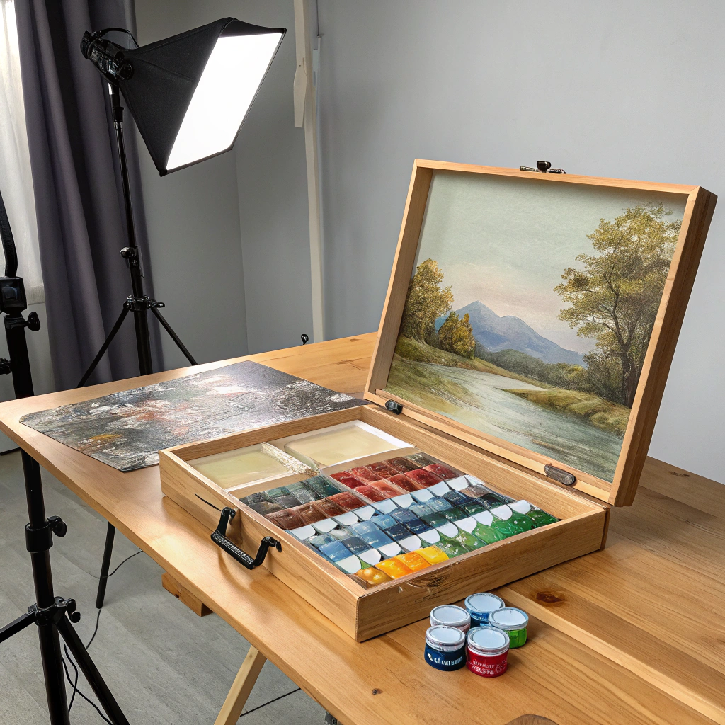 Open half-pan watercolor tin on worn wooden studio table in natural window light