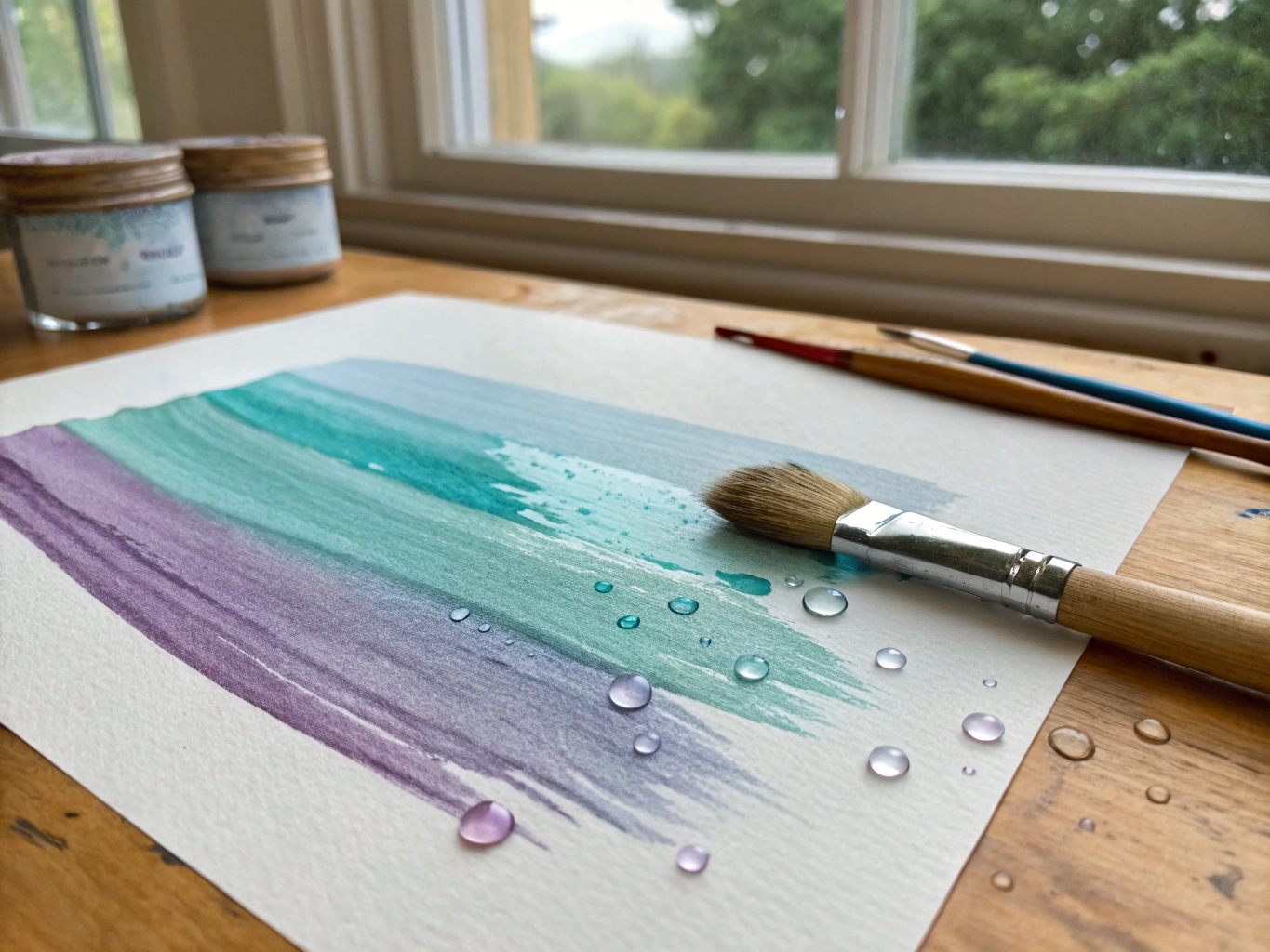 Wet watercolor wash and sable brushes on textured cold-press cotton paper